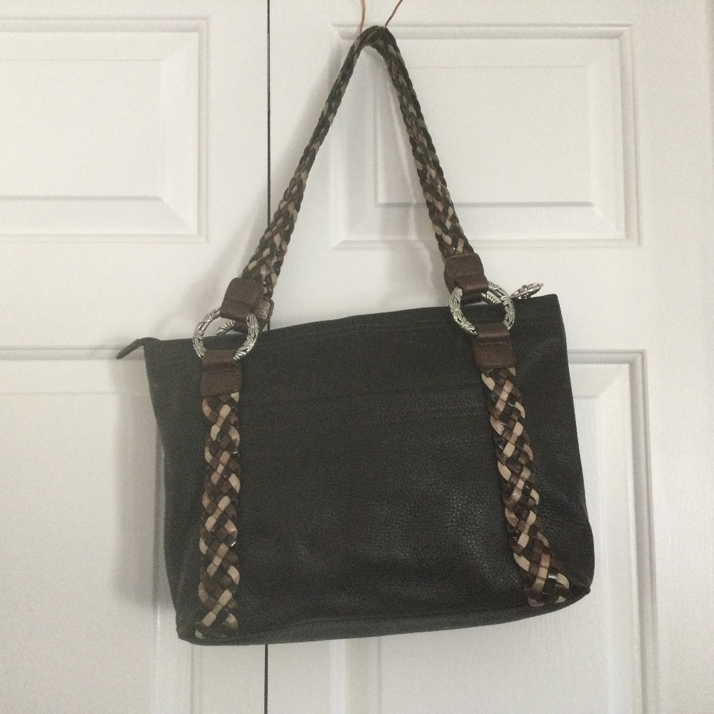 Brighton Brown leather with multi colored  braided handles, Zipper closure